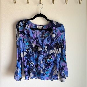 Y2K Vibrant Blue and Purple Blouse with Ruffles and Flowy Details in Large